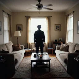 led zepplin, presence, 1 suburban living room, single silhouette figure, crisp focus, 3 5 mm ektachrome