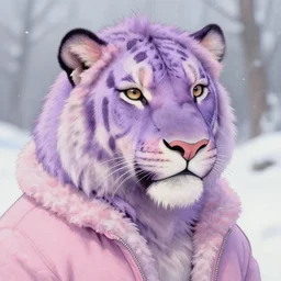 aesthetic portrait commission of a liger lavender and pastel pink colored cozy soft pastel winter outfit, short depth of field close up shot hyper-detailed, soft snowy winter Atmosphere. Character design by charlie bowater, ross tran, artgerm, and makoto shinkai, detailed, inked, western comic book art, 2021 award winning painting