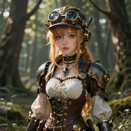 a steampunk girl in the forest hyperdetailed digital illustration by sakimichan