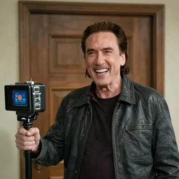 detailed ultrarealistic medium shot photography of nicholas cage the shining broken door sshouting smiling cinematic 8 mm