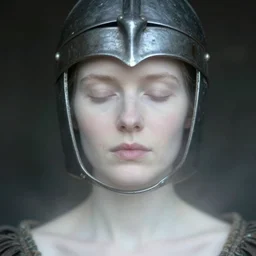 ( ( medieval helm ) ), out of focus!!!! photorealistic portrait of a beautiful pale woman by saul leiter, very blurry!!!!, translucent white skin, closed eyes, foggy, pale lips