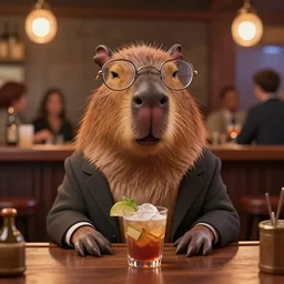 a 2 d matte illustration of a laughing capybara with wire rimmed glasses and wearing a suit at a crowded bar in the style of nancy blair