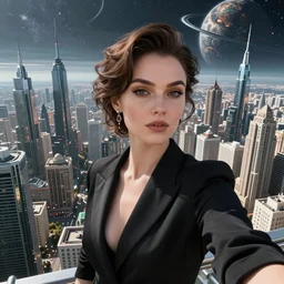 stylish Сyberpunk style selfie in a crowded city on another planet, Neo Norilsk, New Kyiv, sci-fi, fantasy, intricate, very very beautiful, elegant, highly detailed, smooth, photorealistic, cinematic, Unreal Engine 5, sharp focus, by Evgeny Zubkov, by Marat Zakirov, trending on Behance