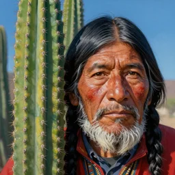 the san pedro cactus mixed with the face of an old indigenous man, beautiful colors, matte painting, by christophe vacher
