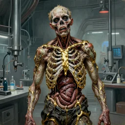 realistic Gustave Courbet painting of a zombie with body made guts and veins dripping golden shiny metalic cascade fluid from ribcage inside sci-fi laboratory