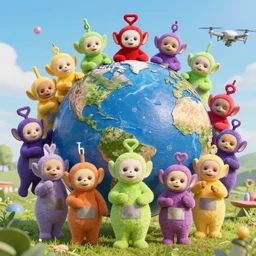 an army of multicolored teletubbies take over earth with m 2 4 9 s, 4 k resolution, octane render, unreal engine, ultradetailed, photorealistic, ultrarealism, trending on artstation, view from drone