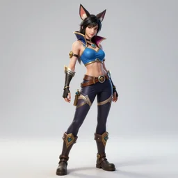ahri from league of legends, photorealistic full body, studio lighting, white ambient background, hyperrealistic, highly detailed, realistic