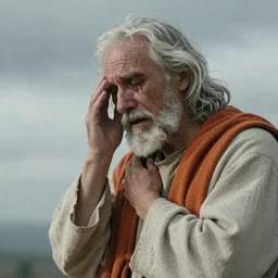 biblical God , white grey hair , orange scarf , old man from the sky, is crying in tears and is very sad and sorrow , after creating humans