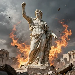 giant greek statue attacking a city, debris flying around, swirls of fire, city destruction