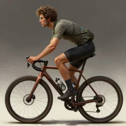 side profile of a man with curly hair and round glasses riding a gravel bike with two water bottles, fantasy, digital painting, volumetric light, intricate, sharp, focus, bloom, illustration, highly detailed, concept art, matte, ruan jia, randy vargas, greg rutkowski