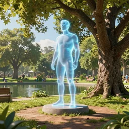 scifi movie scene ralph mcquarrie digital art of a hologram statue in an idyllic public park, elm tree, pond, sunny morning, unreal engine, hyper realism, realistic shading, cinematic composition, blender render, octane render, hdr, detailed textures, photorealistic, ultrawide shot, 3 5 mm film