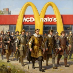 william the conqueror and his army arrive at mcdonalds, mcdonalds mcdonalds, painting by yuumei, bayard wu, wlop, tim white, ross tran, 4 k