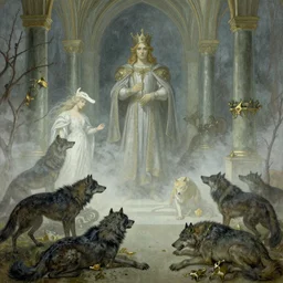 inside the king's hall wolves and their treasures, ethereal, ominous, misty, 8 k, by alphonse mucha and greg rutkowski
