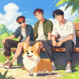 beautiful anime painting of sunny hiphop solarpunk summertime chill day with corgi, by tim okamura, victor nizovtsev, greg rutkowski, noah bradley. trending on artstation, 8 k, masterpiece, graffiti paint, fine detail, full of color, intricate detail, golden ratio illustration
