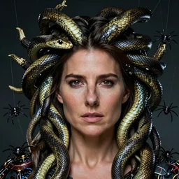 beauty woman Tom Cruise with snakes for hair, Medusa, detailed face, surrounded by spiders, very detailed, dramatic lighting, electrical details, high details, 4k, 8k, trending on artstation, by Greg Rutkowski, Wayne Barlowe, Hajime Sorayama and Boris Vallejo