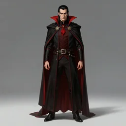 a vampire, male, late - 4 0 s aged, long, slicked black hair, clean shaven, in red and black, medieval fantasy, digital art, cinematic shot, full body shot, concept art.