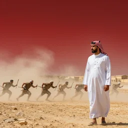 imam al hussein in karbala fighting an army alone, red sky, dust, winds, by hasan rouh al - amin
