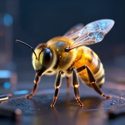 sci - fi futuristic of bee, wired and glowing, macro zoom, cyberpunk, unreal engine, octane render, 4 k