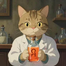a cat dressed as a scientist filled a modern transparent little bottle with vivid orange liquid, the letter omega is paint on the bottle, art by studio ghibli and j. c. leyendecker and greg rutkowski and artgerm and aenaluck, portrait, d & d, fantasy, highly detailed, digital painting, headshot, trending on artstation, concept art, sharp focus