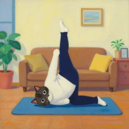 illustration of a cat doing yoga on his living room by shusei nagaoka kaws, david rudnick, airbrush on canvas, pastell colors, cell shaded