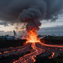 cinestill of a plane emerging from lava