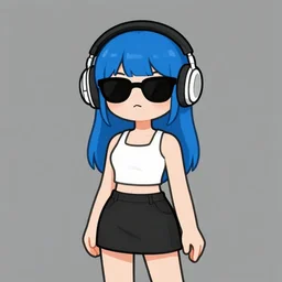 goth girl with blue hair, wearing headphones and sunglasses, black short skirt, white tank top, cartoon style