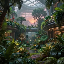 futuristic dystopian atrium, lush plants and trees, fog light dusk, by ivan aivazovsky and jean giraud, coherent, hyper realism, high detail, vivid colors, octane render, unreal engine, 8 k, smooth gradients, high contrast, depth of field by jacek yerka