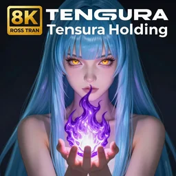 rimuru tempest from tensura holding purple fire in her palm, with amber eyes of golden colored eyes, straight hair, sky blue hair, long bangs, concept art, award winning photography, digital painting, cinematic, wlop, 8 k, by ross tran, andy warhol, makoto shinkai