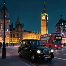 cyberpunk london city. street view. night. black taxi cab. double decker bus. houses parliament. big ben clock tower. digital render. digital painting. takaaki ito. cyril roland. ross tran. trending on artstation