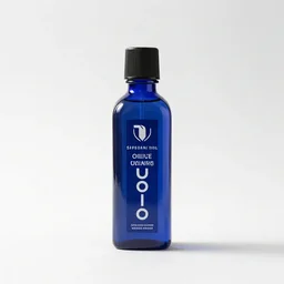 sapphire blue olive oil cruet, studio product photography, isolated on a pure white background, centered, entire object in frame, sharp focus, soft studio lighting