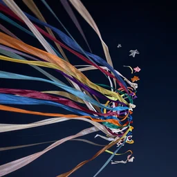 thin twisted ribbons of colorful fabric unravel chaotically in strong winds across a dark night sky, unreal engine