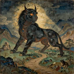 an ancient creature, by asaf hanuka, by caspar david friedrich, by wangechi mutu, tibetan painting, on path to enlightenment