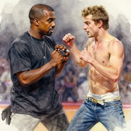 a beautiful painting of kanye west fighting pete davidson, rendered art, highly detailed painting by gaston bussiere, craig mullins, j. c. leyendecker 8 k, trending on artstation, art, fighting, watercolor