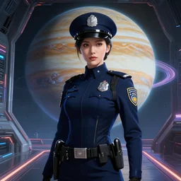 portrait futuristic planet jupiter police uniform female, in a future huge spaceship internal, neon light, ssci - fi and fantasy, intricate and very very beautiful and elegant, highly detailed, digital painting, artstation, concept art, smooth and sharp focus, illustration, art by tan zi and ayanamikodon and alphonse mucha and wlop