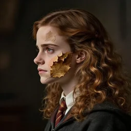 Emma Watson as Hermione Granger. Face in profile. Made of leaf. Skeleton. In the style of the Dutch masters and Gregory Crewdson. Dark and moody