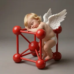soft color studio photograph of a one - year - old blond, straight - haired winged angel, from the back, full body shot, sleeping with his head resting on a large cubic molecule with atoms at the corners, of red plastic, soft lighting, in the style of anne geddes