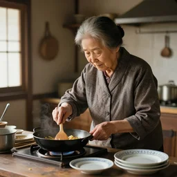 old japanese lady cooking, old 1 8 0 0's kitchen, pan and plates, hyperdetailed, artstation, cgsociety, 8 k
