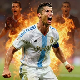 ronaldo luis nazario da lima, screaming in the background of fire, football player, highly detailed, digital painting, artstation, concept art, smooth, sharp focus, illustration, art by artgerm and greg rutkowski and alphonse mucha