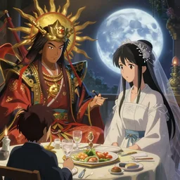 close up moment of a divine a japan sun god and a moon goddess lovers magician at a wedding banquet, highly detailed, d & d, fantasy, 4 k realistic, digital painting, trending on artstation, concept art, sharp focus, illustration, art by makoto shinkai and akihiko yoshida and daniel gerhartz