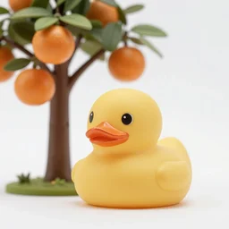 a golden rubber ducky under an orange tree, high quality DSLR photography, professional photo