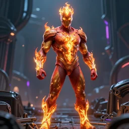 the human torch, redesigned by yasushi nirasawa and alex ross, full figure action shot, alien world background, hdr, 8 k, octane render, volumetric lighting