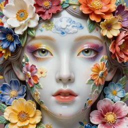 very colorful face portrait, artwork by jean delville made of flowers, cloud, glossy opened eyes, chiara bautista, hyperdetailed realistic smooth polished porcelain, beautiful provenance queen, art nouveau, highly saturated colors, very very very very very vibrant, delicate, ultrasharp hyperdetailed photorealistic octane render, enchanting, otherworldly, whimsical, ethereal, mythology