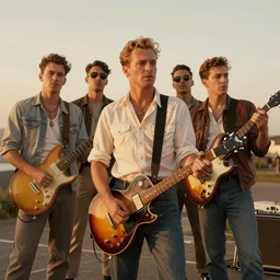 rockabilly band 1950s, high detail, golden hour, 8K, by jack kirby