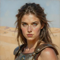 a highly detailed painting of a female barbarian queen warrior with piercing beautiful eyes in desert setting by michael whelan