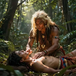 a shaman healing a sick person in the jungle, art by christophe vacher