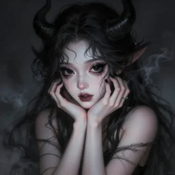 portrait of demon girl, dreamy and ethereal, expressive pose, big black eyes, exciting expression, fantasy, intricate, elegant, dark and moody smoke, highly detailed, digital painting, artstation, concept art, smooth, sharp focus, illustration, art by wadim kashin