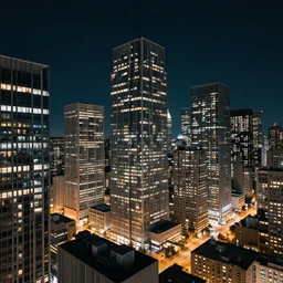 the view of a big city full of skyscrapers from an ultramodern department at night. photorealistic. cinematic illumination. dramatic illumination.