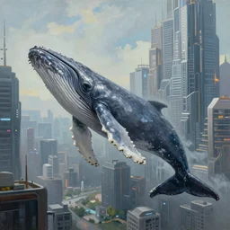 a beautiful painting of a humpback whale suspended in mid air near a skycraper, cyberpunk city, hyperrealistic, realistic, cinematic shot, volumetric light, detailed, epic