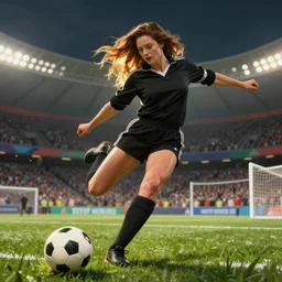 Buffy the Vampire Slayer kicking a football, scoring a winning goal at the World Cup, in a football stadium