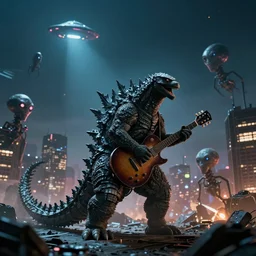 The wide shot of Godzilla playing on guitar while aliens destructs the night city, UFO on the horizon line, by Lubezki, Christopher Doyle and David Lynch, anamorphic 35 mm lens, cinematic, anamorphic lens flares 4k